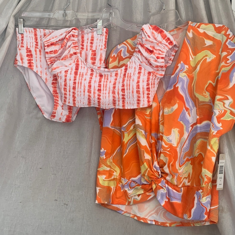 Sunny Leigh Orange & Lavender Swirl Blouse with Coral-White Ruched Bikini Top